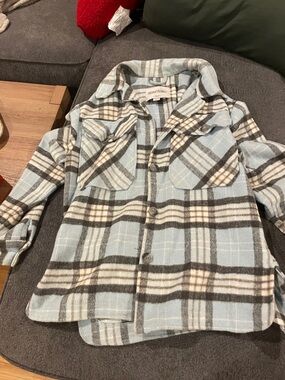 Button-Front Plaid Shacket Jacket in Light Blue